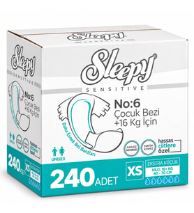 Sleepy Çocuk Bezi Bel Bantlı XS - Extra Küçük - Ekstra Küçük 240 Adet (16+ KG Bel Ölçüsü 40-70 CM)