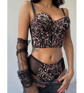 Kadın Bustiyer Siyah Leopar Sütyen Takımı,Tanga Leoparlı İç Çamaşırı, Bralet Takımı