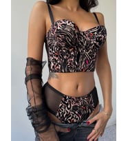 Kadın Bustiyer Siyah Leopar Sütyen Takımı,Tanga Leoparlı İç Çamaşırı, Bralet Takımı