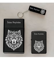 Tribal Kurt Desenli Kişiye Özel İsimli Çakmak,Metal Tabaka ve Anahtarlık Seti - 3'lü Hediye Set (Siyah)