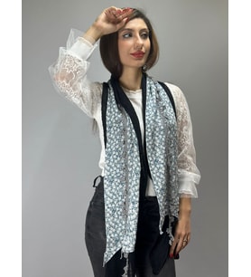 ÇİÇEKLİ ŞİFON VE TRİKO İKİLİ KADIN OYALI FULAR ŞAL  200X25 CM (Füme)