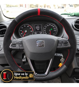 Seat Ibiza Mk5 Dikme Direksiyon Kılıfı Alcantara Süet Mat Karbon Kırmızı Yüzük ve Dikiş 2015-2017