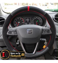 Seat Ibiza Mk5 Dikme Direksiyon Kılıfı Alcantara Süet Mat Karbon Kırmızı Yüzük ve Dikiş 2015-2017