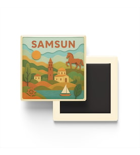 Samsun - Memleket Temalı - Paper Cut Art - Baskılı Buzdolap Magneti Kare - 9x9 cm