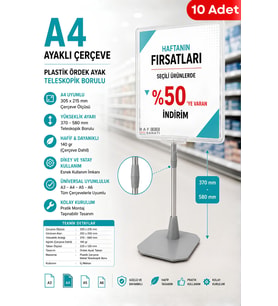 10 Adet - A4 Ayaklı Fiyat Etiketlik Teleskopik Borulu Çerçeve Etiketlik Yönlendirme Levhası Menü Panosu Şeffaf
