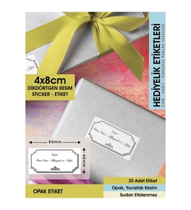 Şekil 1, Siyah Motifli Beyaz Zeminli Etiket - 4x8cm Dikdörtgen Düz Kesim - 30 Adet Opak Sticker