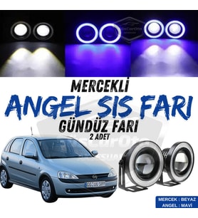 Opel Corsa C 2000-2006 Uyumlu Mercekli Angel Sis Farı Metal 76 mm Mavi Halkalı Gündüz Farı 2 Adet