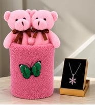Peluş Saksıda Peluş Ayıcık Buketi ve Gerçek Pembe Ametist Taşlı Lotus Kolye Kadına Sevgiliye Hediye
