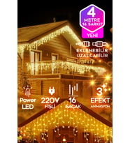 Sarı Led Işık Sarkıt Efekt Modlu 4 Metre Power Led 16 Saçak Süsleme 220v Fişli