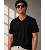 Erkek V Yaka Basic Tişört Kısa Kol Yazlık Regular Fit T-Shirt - Siyah