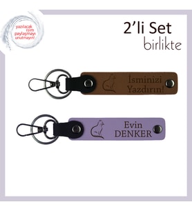 Evcil Dostunla Uyumlu, Kedi Figürlü, Kişisel Yazılı Anahtarlık Takımı, Açık Kahve-Mor Menekşe