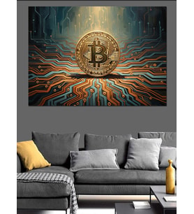 Dev Bitcoin Logosu Ve Devreler Dekoratif Kanvas - Mdf Ahşap Tablo