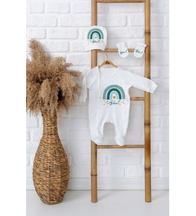 Pia Baby Premium %100 Pamuk İsimli Erkek Bebek Tulumu Şapka ve Eldiven Yenidoğan Hediye Seti 5055-09 (Ekru)