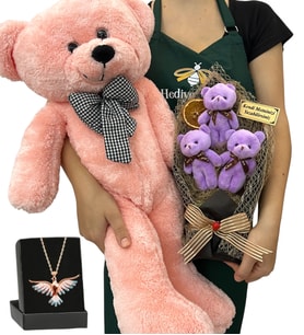 Kişiye Özel 3'lü Peluş Ayıcık Buketi, Renkli Anka Kuşu Kolye ve Pembe Peluş Ayıcık (Model 4)