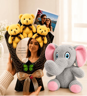 Fotoğraflı Aynalı Sarı Ayıcık Buketi ve Peluş Fil Doğum Günü Kadına Sevgiliye Hediye