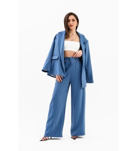 Kruvaze Yaka Parlak Keten Blazer Ceket - İndigo