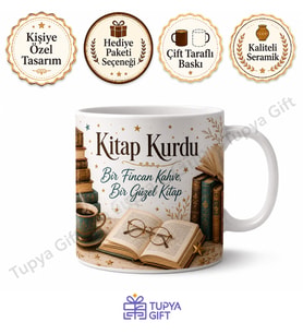Kitap Kurdu Okuma Temalı Kişiye Özel Baskılı Kupa Bardak Hediye
