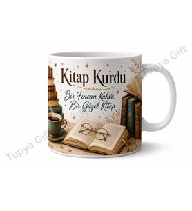 Kitap Kurdu Okuma Temalı Kişiye Özel Baskılı Kupa Bardak Hediye