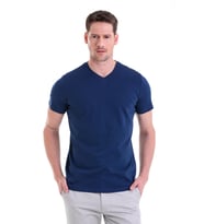 indigo Regular Fit Düz V Yaka %100 Pamuk Jersey Tişört