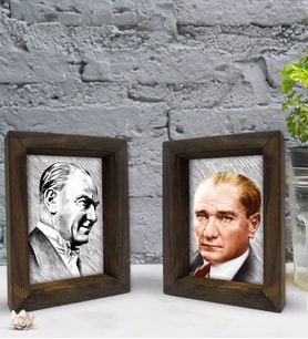 Bk Gift Atatürk Tasarımlı Dekoratif 2'li Doğal Masif Ahşap Çerçeve 15x20cm-15 (Beyaz)