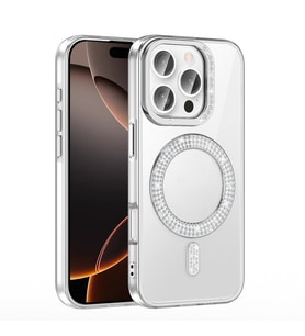 iPhone 16 Pro Kılıf Pırlanta Taş Tasarımlı M-safe Şarj Özellikli Karetta Silikon Kapak (Gümüş)