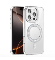 iPhone 16 Pro Kılıf Pırlanta Taş Tasarımlı M-safe Şarj Özellikli Karetta Silikon Kapak (Gümüş)