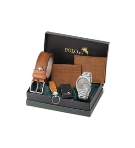 Polo Air Mercek Takvimli Klasik Erkek Kol Saati Kemer Cüzdan Kartlık Çakmak Anahtarlık Taba Set Gümüş Antrasit Renk PL-7090E5