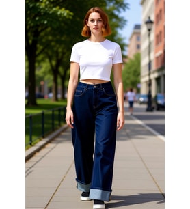 Kadın Koyu Wide Leg Jean Pantolon Paça Katlamalı Normal Bel Fonksiyonel Dayanıklı Kaliteli