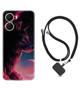 Vivo Y16 Kılıf Resimli Boyun Askılı İpli Desenli Silikon Wolf and Moon 1380