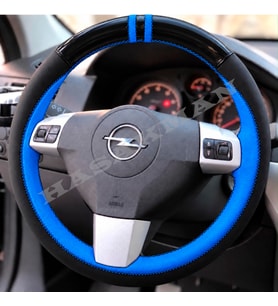 Opel Combo C Dikme Direksiyon Kılıfı Parlak Siyah Mavi Detaylı Mavi Çift Yüzük ve Dikiş 2006-2011