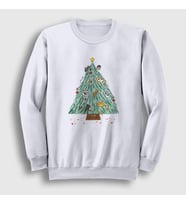 Presmono Unisex Beyaz Kedili Çam Ağacı Yılbaşı Sweatshirt 269947tt