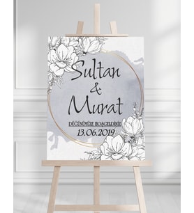 Söz Nişan Düğün İçin 50x70 Karşılama Panosu - Gri Çiçek Desenli 002