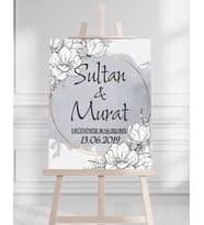 Söz Nişan Düğün İçin 50x70 Karşılama Panosu - Gri Çiçek Desenli 002