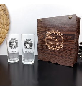 Kişiye Özel Ahşap Hediye Kutusu İçinde İkili Rakı Bardağı Seti