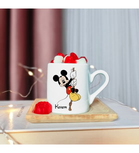 Mickey Mouse Tasarımlı Ahşap Tabaklı Kişiye Özel Türk Kahvesi Fincanı