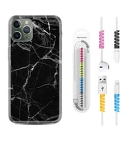 Apple iPhone 11 12 13 14 Pro Max Kılıf Kablo Koruma Spiral Silikon Fragile Black Mermer 1378