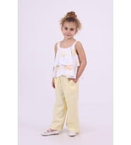 Çiçek Desen Bluz Keten Pantolon Takım Sarı