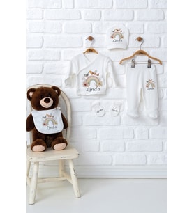 Pia Baby Premium %100 Pamuk 5’li Zıbın Set  İsme Özel Hastane Çıkışı Yenidoğan Bebek Hediyesi 5078-08 (Ekru)