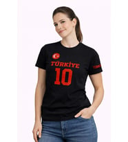 Kadın TÜRKİYE Ay Yıldız Baskılı 10 Numara Forma Tişört Taraftar T-Shirt - Siyah
