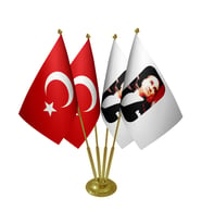 Masa Üstü Atatürk Bayrağı Türk Bayrağı Dörtlü Pirinç Direk Masa Bayrak Seti