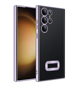 Samsung Galaxy S23 Ultra Kılıf Logo Yeri Açık Kamera Lens Korumalı Renkli Kenarlı Şeffaf Silikon (Lila)