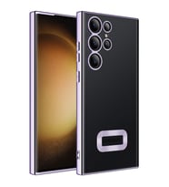 Samsung Galaxy S23 Ultra Kılıf Logo Yeri Açık Kamera Lens Korumalı Renkli Kenarlı Şeffaf Silikon (Lila)