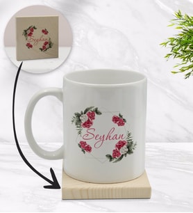 BK Gift Kişiye Özel Çiçek Tasarımlı Beyaz Kupa Bardak ve Ahşap Bardak Altlığı Hediye Seti - Model 15