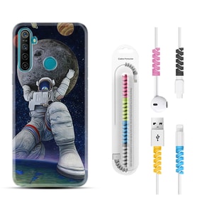 Realme 5i 5 Pro 6i 7 Pro 8 Kılıf Kablo Koruma Spiral Silikon Astronot ve Dünya 1759