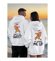 Sevgili Çift Kombin Hoodie – Gingerbread Baskılı Oversize Kapüşonlu Sweatshirt 2’li Set (Beyaz)