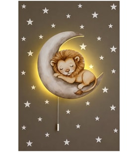 Ahşap Ay Üzeri Aslan Pilli Ledli Gece Lambası Bebek Çocuk Odası-Yıldız Sticker Hediyeli