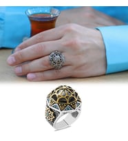 Ayasofya-i Kebir Camii Tasarımlı Firuze Taş Süslemeli 925 Ayar Gümüş Erkek Yüzük (Çok Renkli)