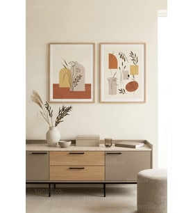 Doğal Minimalist Soyut Botanik Desenli 2’li Ahşap Çerçeveli Tablo Seti