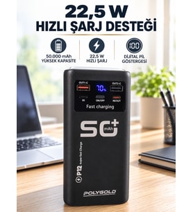 Yüksek Kapasiteli 50.000 mAh Powerbank 22,5 W Hızlı Şarj 4 Dahili Kablo LED Aydınlatma