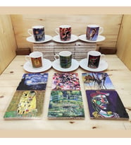 Dali,Van Gogh,Picasso,Kandinsky, Klimt,Monet 6'lı Türk Kahvesi Fincanı Ve Taş Bardak Altlığı Seti